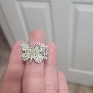 Silver Butterfly Ring with Green Crystals